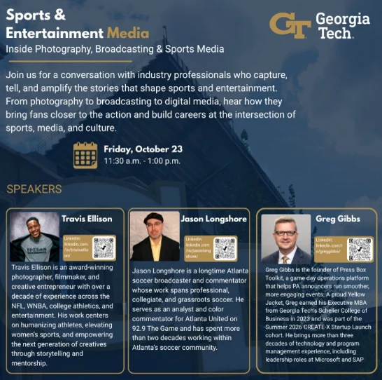 Georgia Tech event flyer: Sports and Entertainment Media, Friday, October 23, 11:30 a.m. to 1:00 p.m., with speakers Travis Ellison, Jason Longshore, and Greg Gibbs
